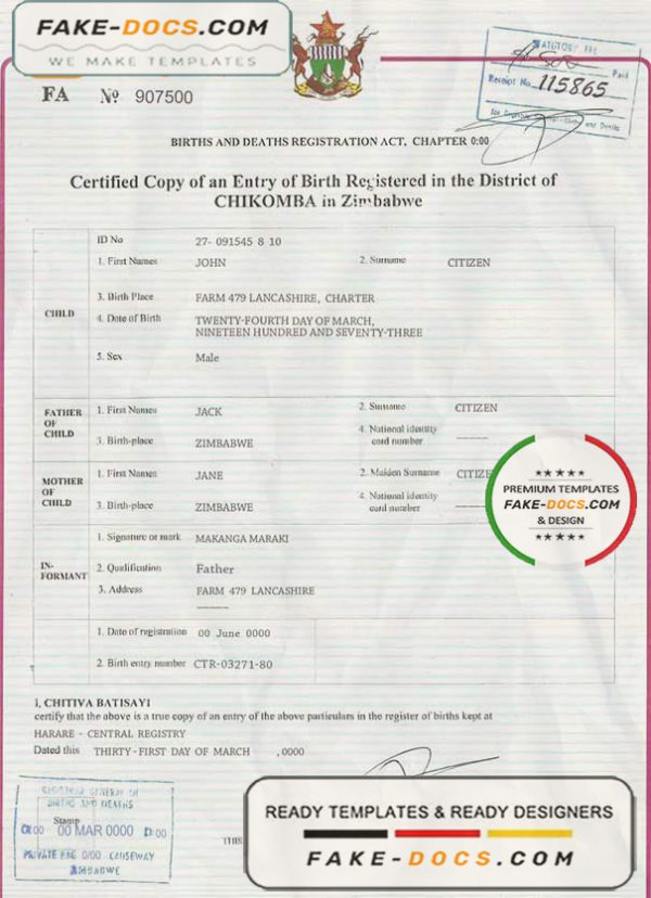 Zimbabwe birth certificate template in PSD format, fully editable scan