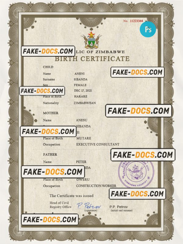 Zimbabwe vital record birth certificate PSD template scan