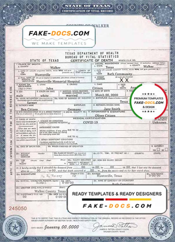 USA Texas state death certificate template in PSD format, fully editable