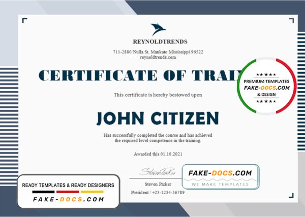 USA Company Training Certificate template in Word and PDF format