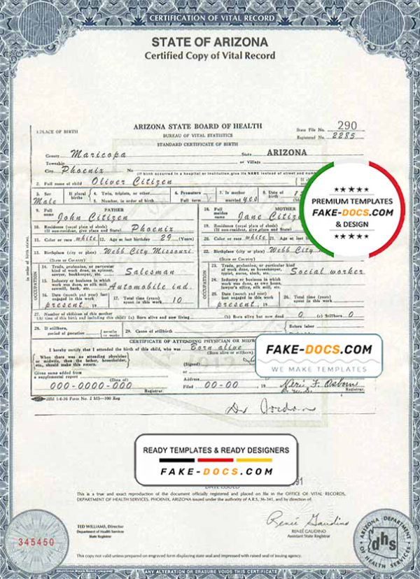 USA Arizona state birth certificate template in PSD format, fully editable