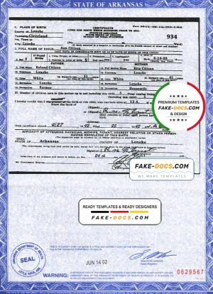 USA Arkansas state birth certificate template in PSD format, fully editable