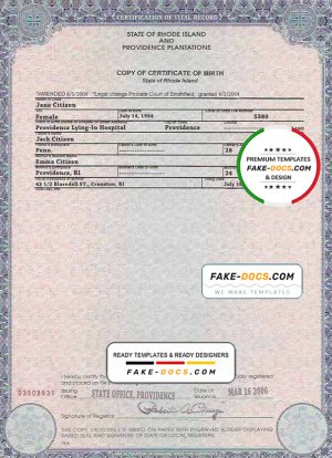 USA Rhode Island state birth certificate template in PSD format, fully editable