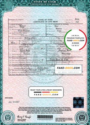 USA Utah state birth certificate template in PSD format, fully editable