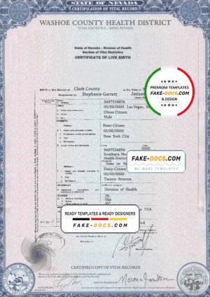 USA Nevada state birth certificate template in PSD format, fully editable
