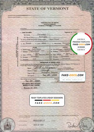 USA Vermont state birth certificate template in PSD format, fully editable