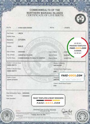 USA Northern Mariana Islands birth certificate template in PSD format, fully editable