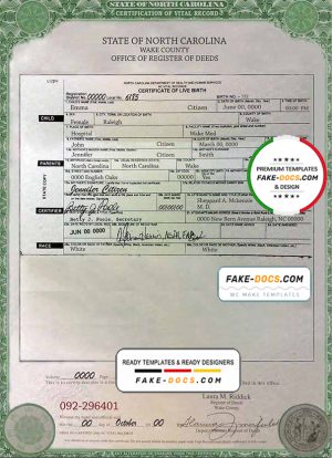 USA North Carolina state birth certificate template in PSD format, fully editable