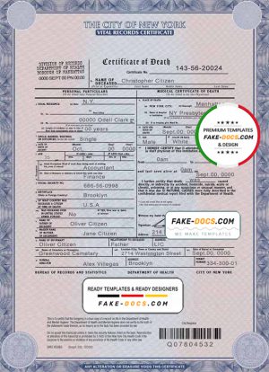 USA New York state death certificate template in PSD format, fully editable