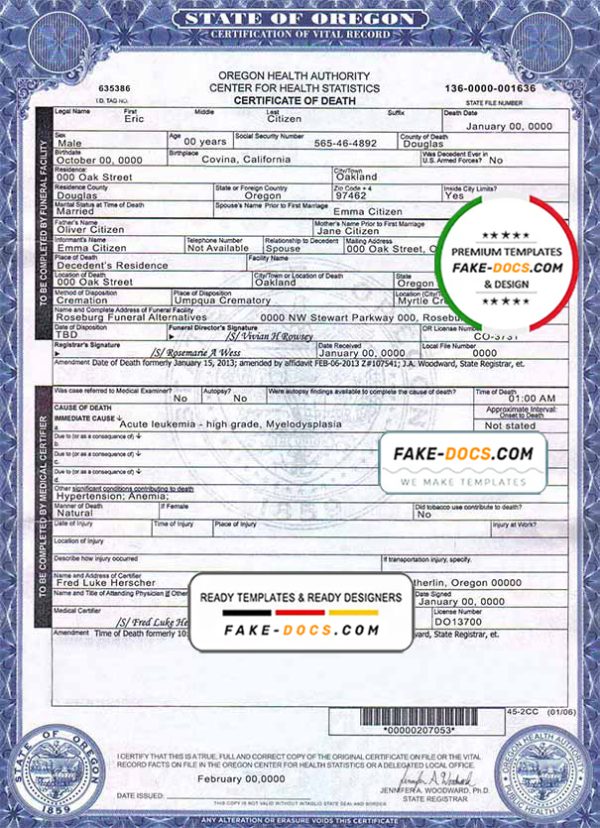 USA Oregon state death certificate template in PSD format
