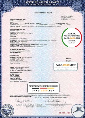 USA South Dakota state death certificate template in PSD format, fully editable