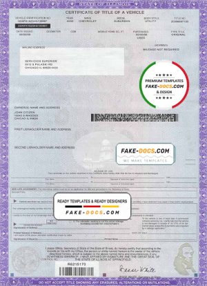 USA state Illinois certificate of title of a vehicle template in PSD format, fully editable