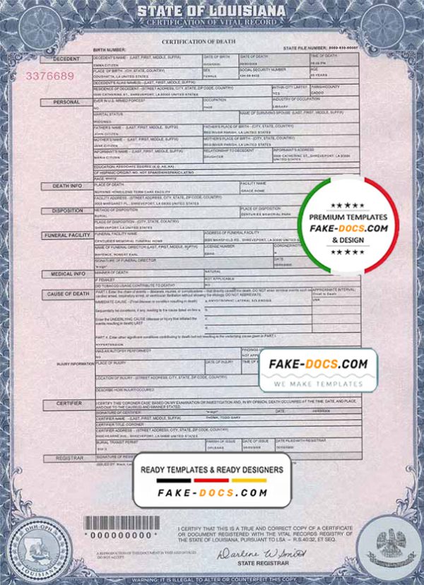 USA Louisiana state death certificate template in PSD format, fully editable