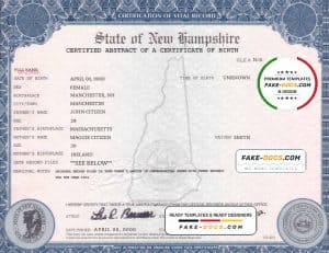 USA New Hampshire state birth certificate template in PSD format, fully editable