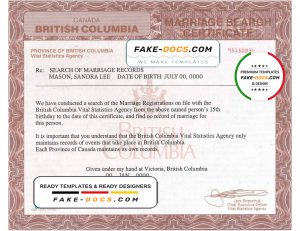 Canada British Columbia marriage certificate template in PSD format
