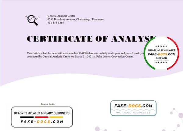 USA General Analysis certificate template in Word and PDF format