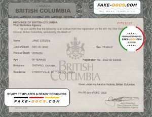 Canada British Columbia death certificate template in PSD format