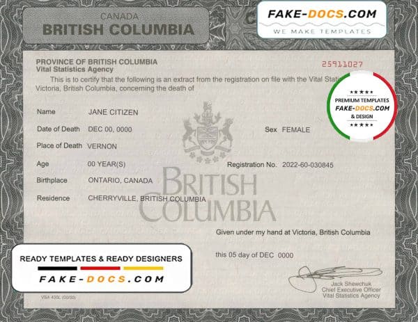 Canada British Columbia death certificate template in PSD format