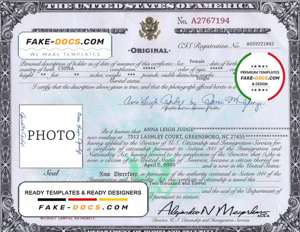 USA Citizenship certificate template in PSD format