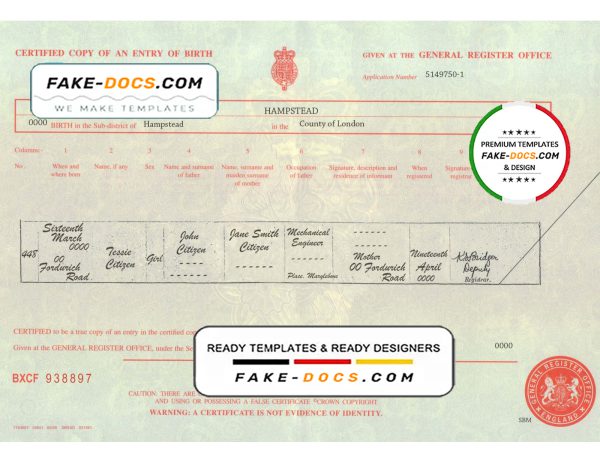 United Kingdom birth certificate template in PSD format, fully editable