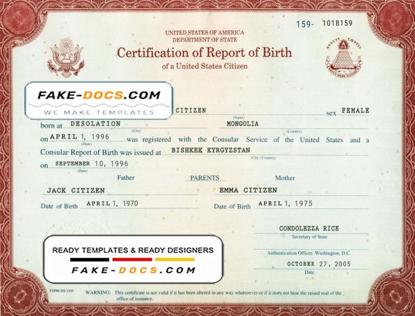 USA certification of report of birth Washington certificate template in PSD format, fully editable
