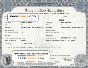 USA New Hampshire state marriage certificate template in PSD format, fully editable
