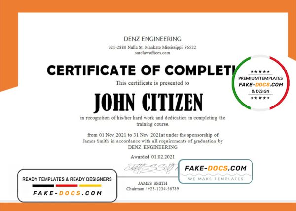USA Denz Engineering Internship Certificate template in Word and PDF format