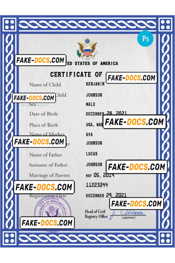 United States of America vital record birth certificate PSD template, fully editable