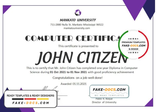 USA Computer Diploma Certificate template in Word and PDF format