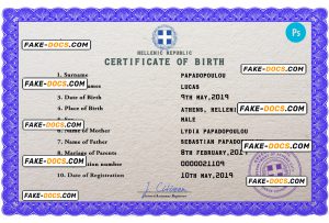 Greece birth certificate PSD template, completely editable