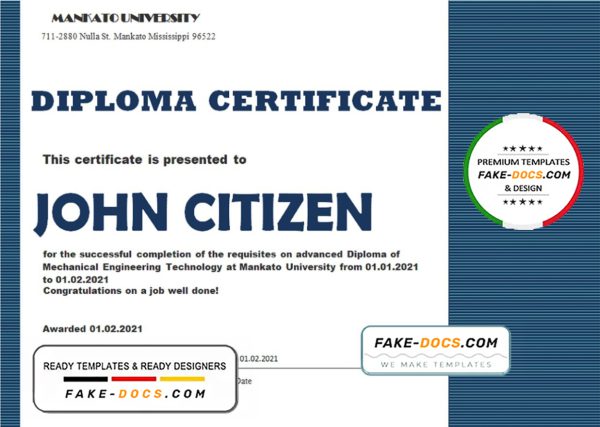 USA Mechanical Diploma certificate template in Word and PDF format