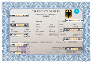 Germany vital record birth certificate PSD template, completely editable