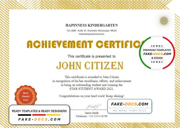 USA Kindergarten certificate template in Word and PDF format
