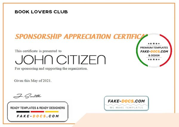 USA Sponsorship Appreciation certificate template in Word and PDF format
