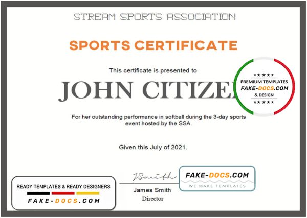 USA Sports certificate template in Word and PDF format