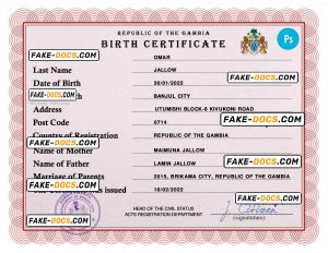 Gambia vital record birth certificate PSD template, fully editable