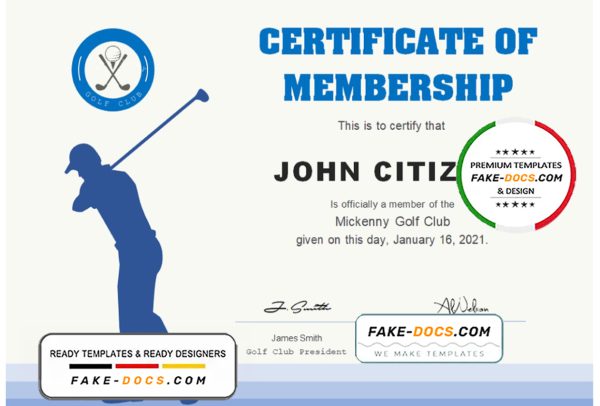 USA Golf Club Membership certificate template in Word and PDF format