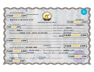 Eritrea vital record birth certificate PSD template, fully editable