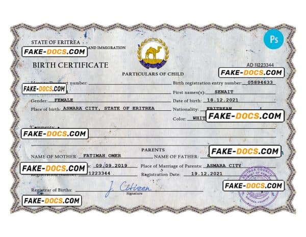 Eritrea vital record birth certificate PSD template, fully editable