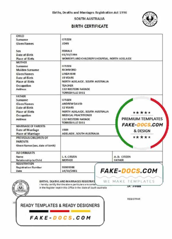 Australia South Australia birth certificate template in Word format, version 2