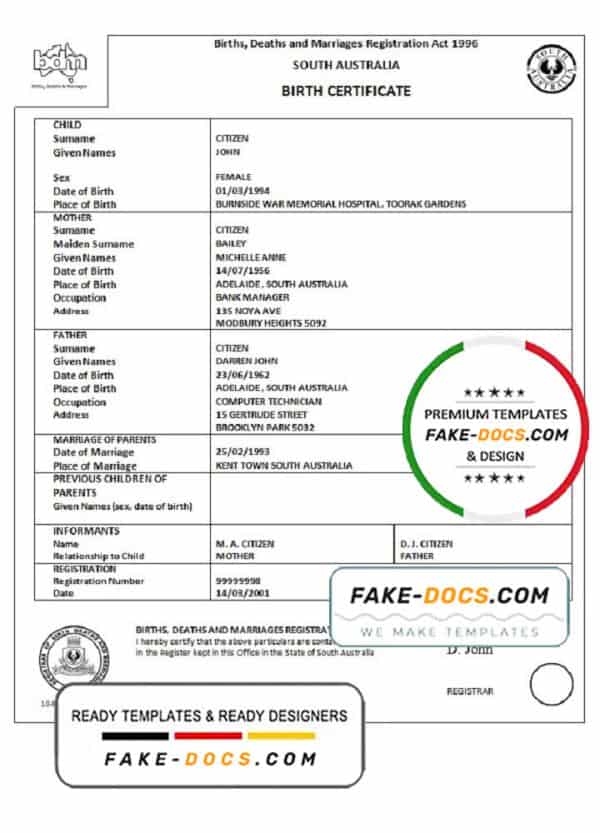 Australia South Australia birth certificate template in Word format, version 1