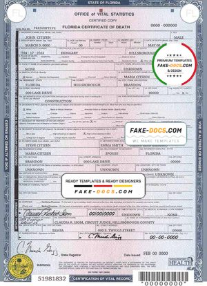 USA state Florida death certificate template in PSD format, fully editable