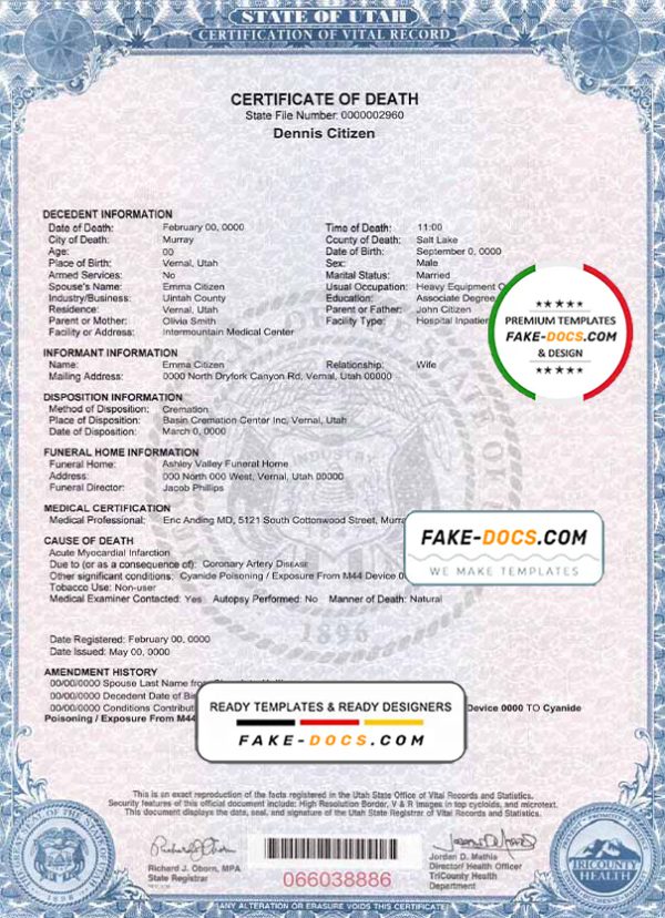 USA state Utah death certificate template in PSD format, fully editable