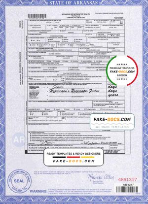 USA state Arkansas death certificate template in PSD format, fully editable