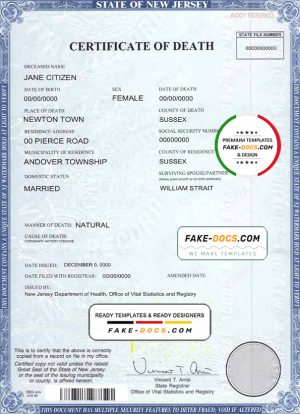 USA state New Jersey death certificate template in PSD format, fully editable