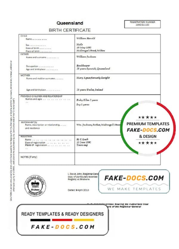 Australia Queensland birth certificate template in Word format