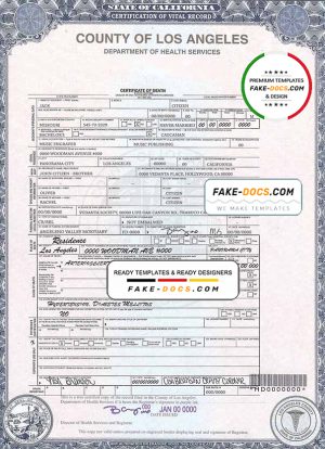 USA county of Los Angeles death certificate template in PSD format, fully editable