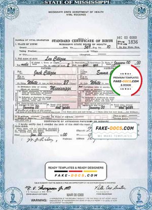 USA Mississippi state birth certificate template in PSD format, fully editable