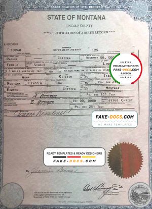 USA Montana state birth certificate template in PSD format, fully editable