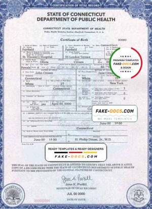 USA Connecticut state birth certificate template in PSD format, fully editable